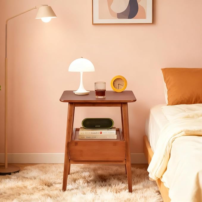 Fluted Nightstand with Drawer – Tall Solid Bamboo Bedside Table with Open Shelf