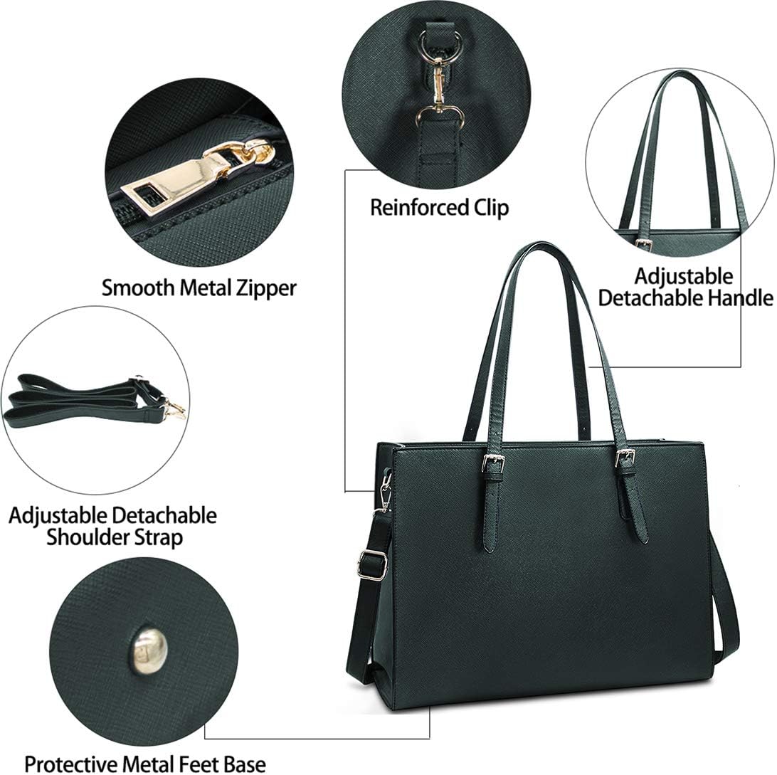Laptop Bag for Women Waterproof Lightweight Leather 15.6 Inch Computer Tote Bag Business Office Briefcase Large Capacity Handbag Shoulder Bag Professional Office Work Bag Deepgreen