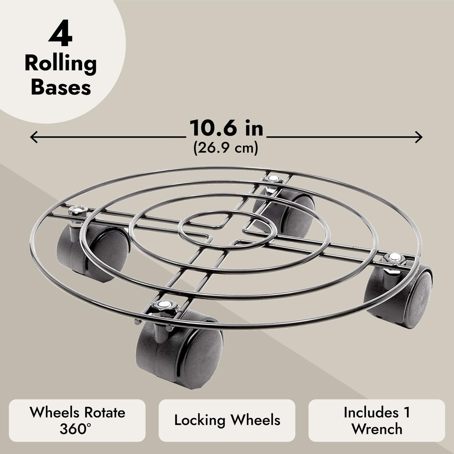 Bright Creations Plant Stand with Wheels - 10.6 in Diameter, Black, Pack of 4, Modern - Metal Rolling Plant Stand Base with 360-Degree Rotation & Locking Casters for Indoor & Outdoor Planter Pots