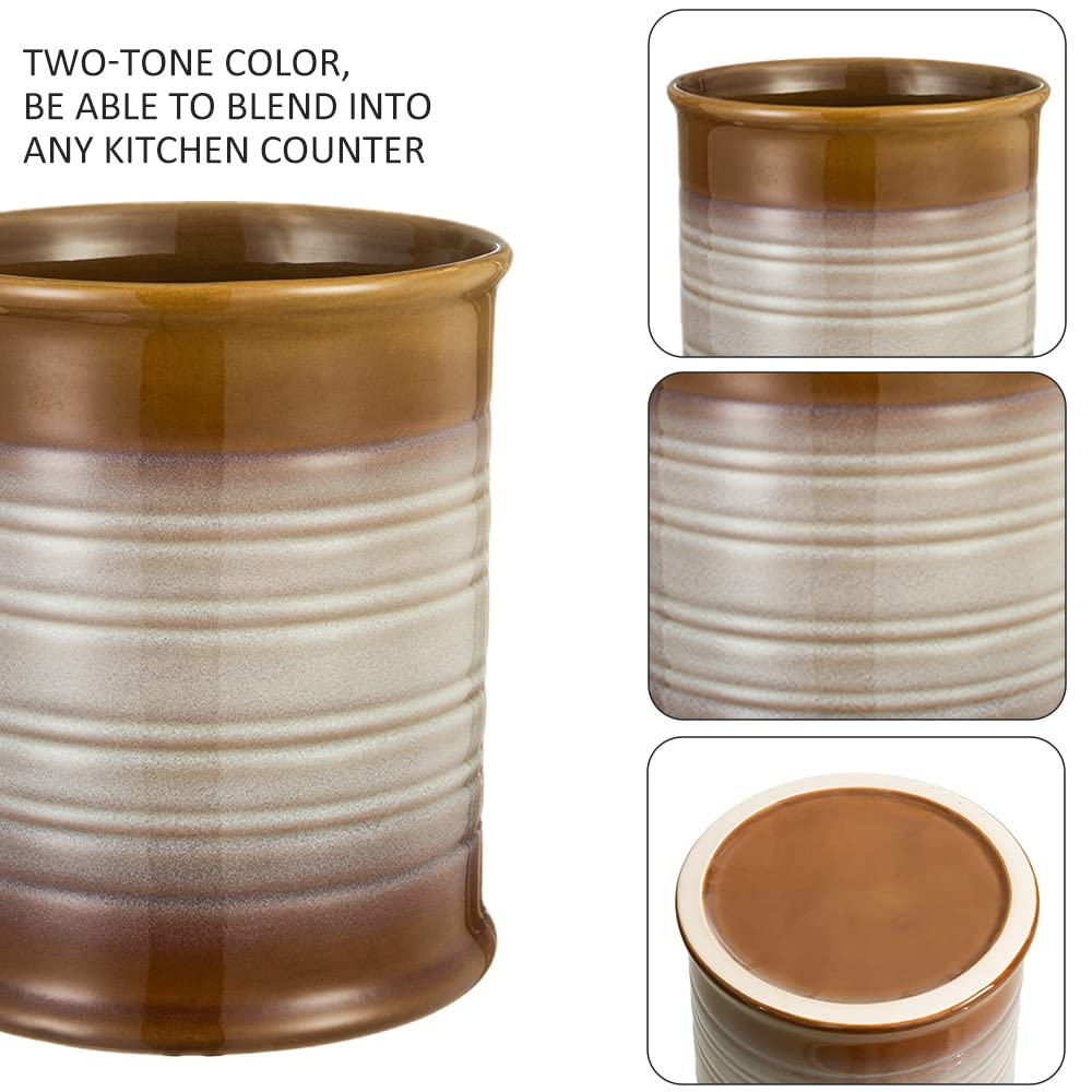 Nihow Ceramic Utensil Holder for Kitchen Counter, 7.2", Brown