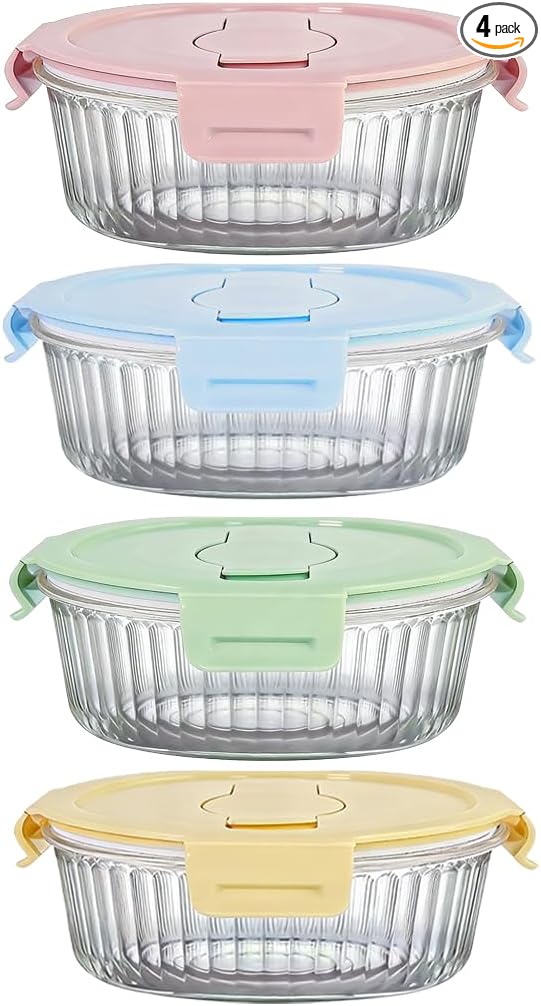 12oz Round Glass Food Storage Containers with Lids and Foldable Cutlery, 1.5 cup Round Glass Lunch Containers, Small Food Bowls for Office, School, Outdoor, Microwave, Freezer Safe -4 Pack