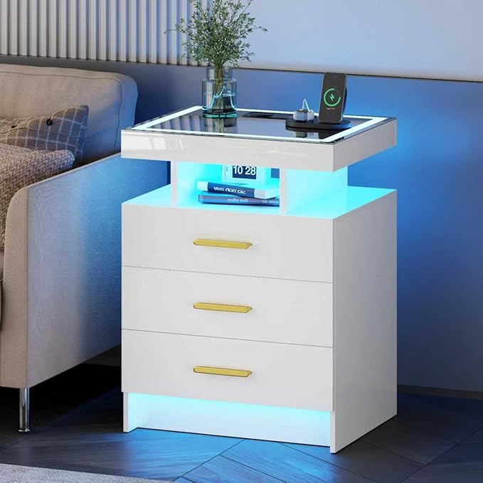 White Night Stand Set 2 with Wireless Charging Station, Smart Bedside Table