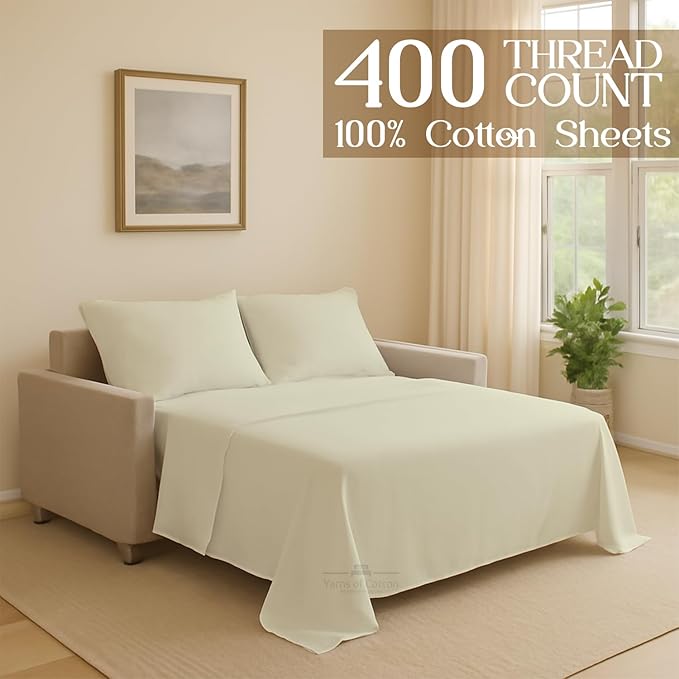 Sleeper Sofa Bed Sheet, 100% Cotton 400 Thread Count, 4 Piece Set, Deep Pocket