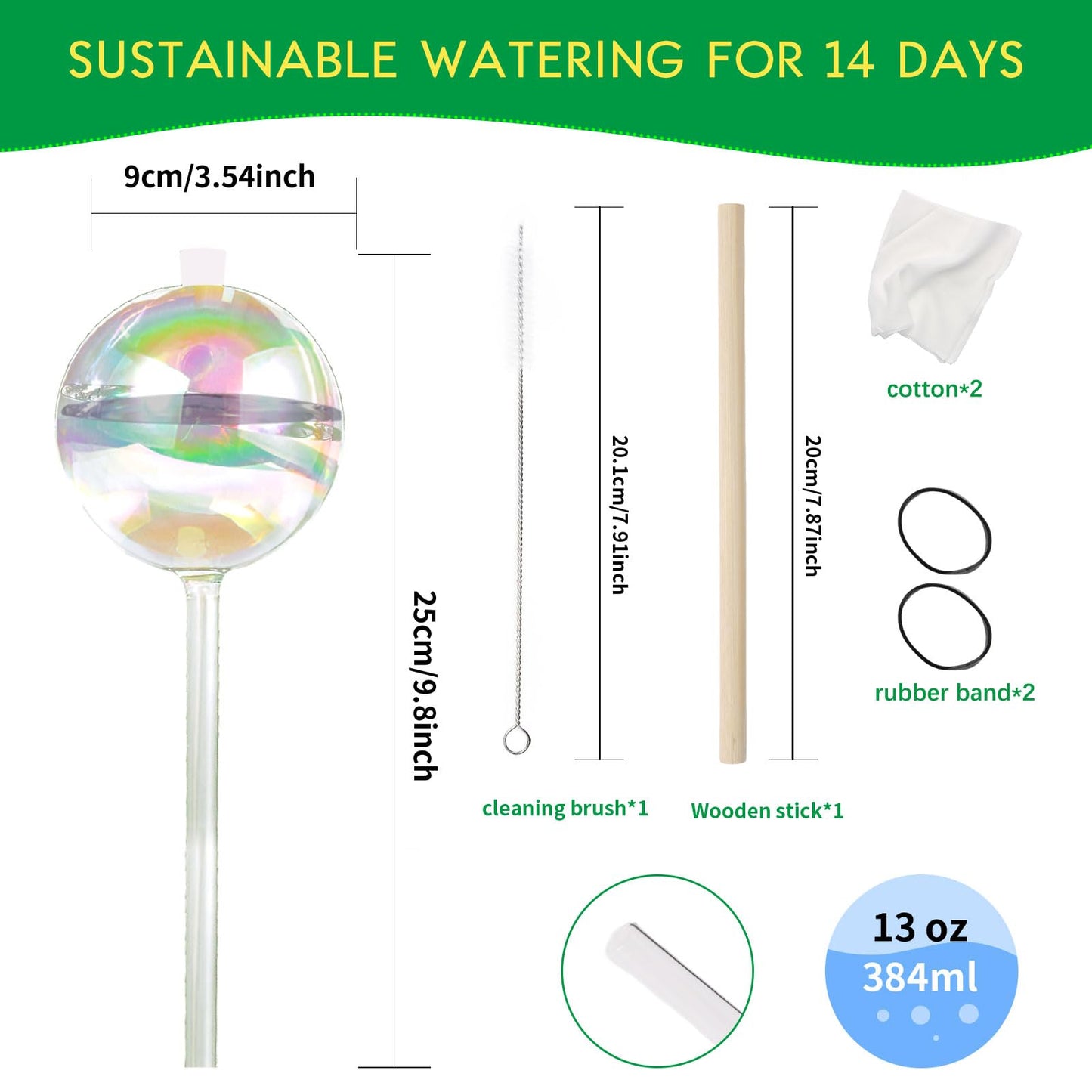 ZephyrBloom 13 oz Up 2 Weeks Large Plant Watering Globes & Bulbs, Self Watering Glass Globes to Water Plants While Away, Indoor Outdoor Automatic Slow-Release Watering Bulbs for Houseplants 2 Pack