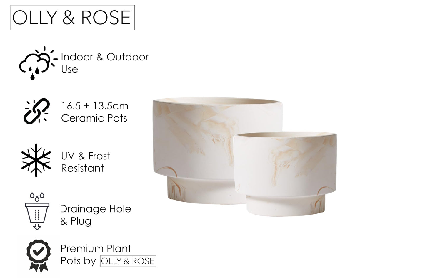 Olly & Rose White with Beige Streaks Ceramic Plant Pot Set 2-16.5,13.5cm Medium Plant Pots Outdoor and Indoor - White Planters - Flower Pots