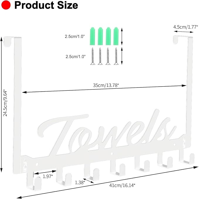 Azmoncy Over The Door Hooks, Heavy Duty Towel Rack with 7 Coat Hooks for Bedroom Bathroom Pool Kitchen Towels and Bags (White)