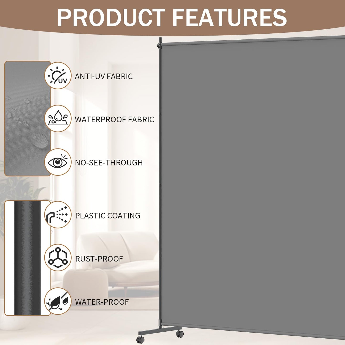 VAMFUTRE Single Panel Room Divider/Privacy Screen with Caster Wheels and Brakes - Stylish and Versatile Partition for Home,Office,School and Restauran (Gray, 6FT*6FT)