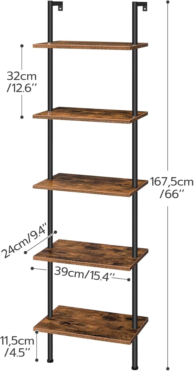 HOOBRO DIY Ladder Shelf, 5-Tier Wooden Wall Mounted Bookshelf, Narrow Bookcase