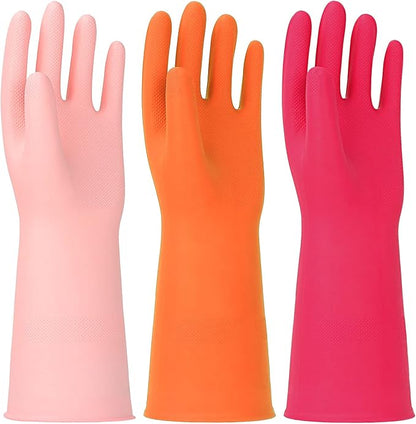 3 Pairs Rubber Cleaning Gloves Latex Free Dishwashing Gloves - 13" Reusable Nitrile Gloves Medium, Orange+Pink+Red