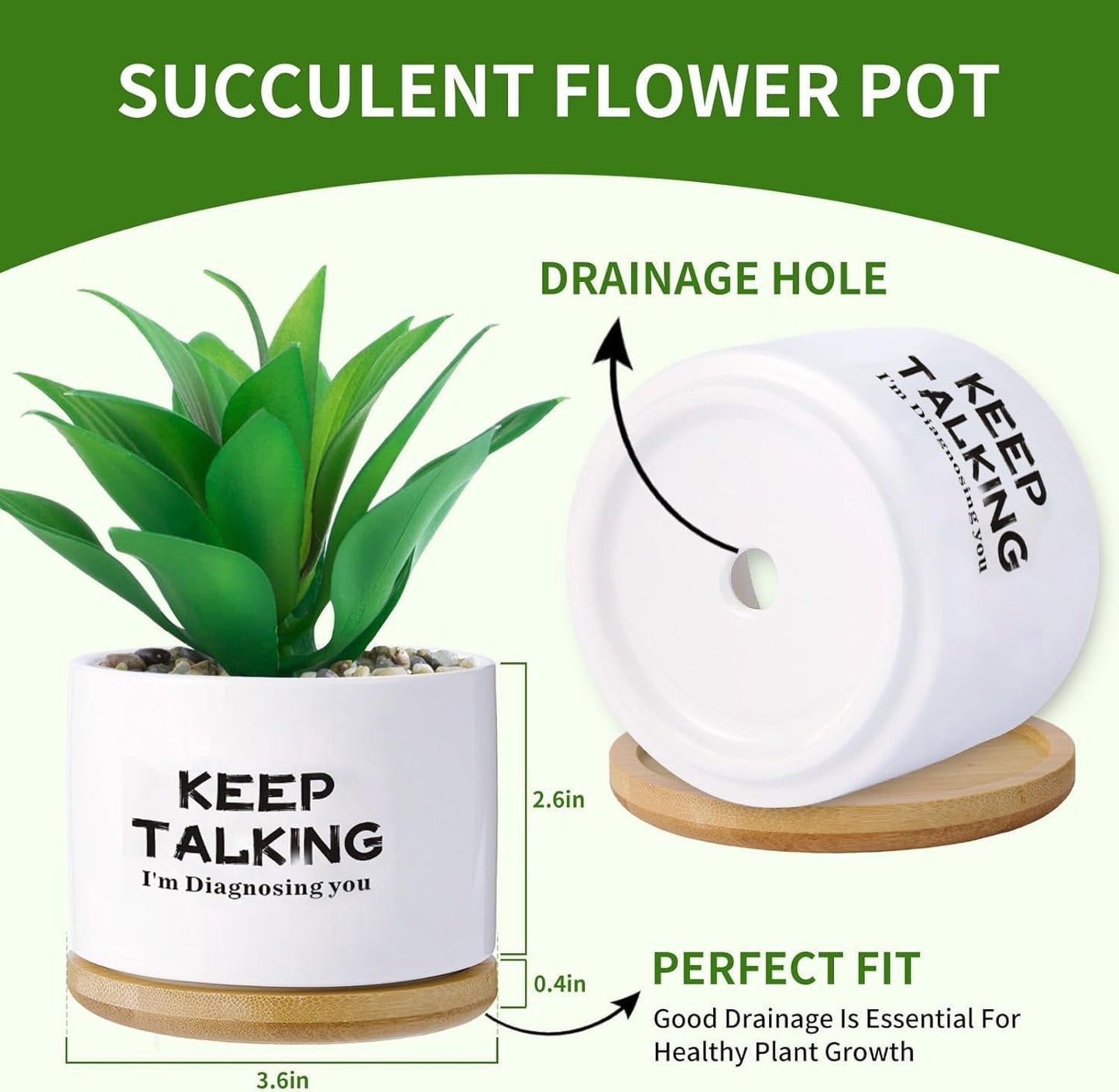 Psychology Decor Gifts,Keep Talking I'm Diagnosing You Funny Succulent Planter with Bamboo Tray - 3.5 Inch Funny Desk Decor, Psychologist Therapist Gift (White)(No Plants)
