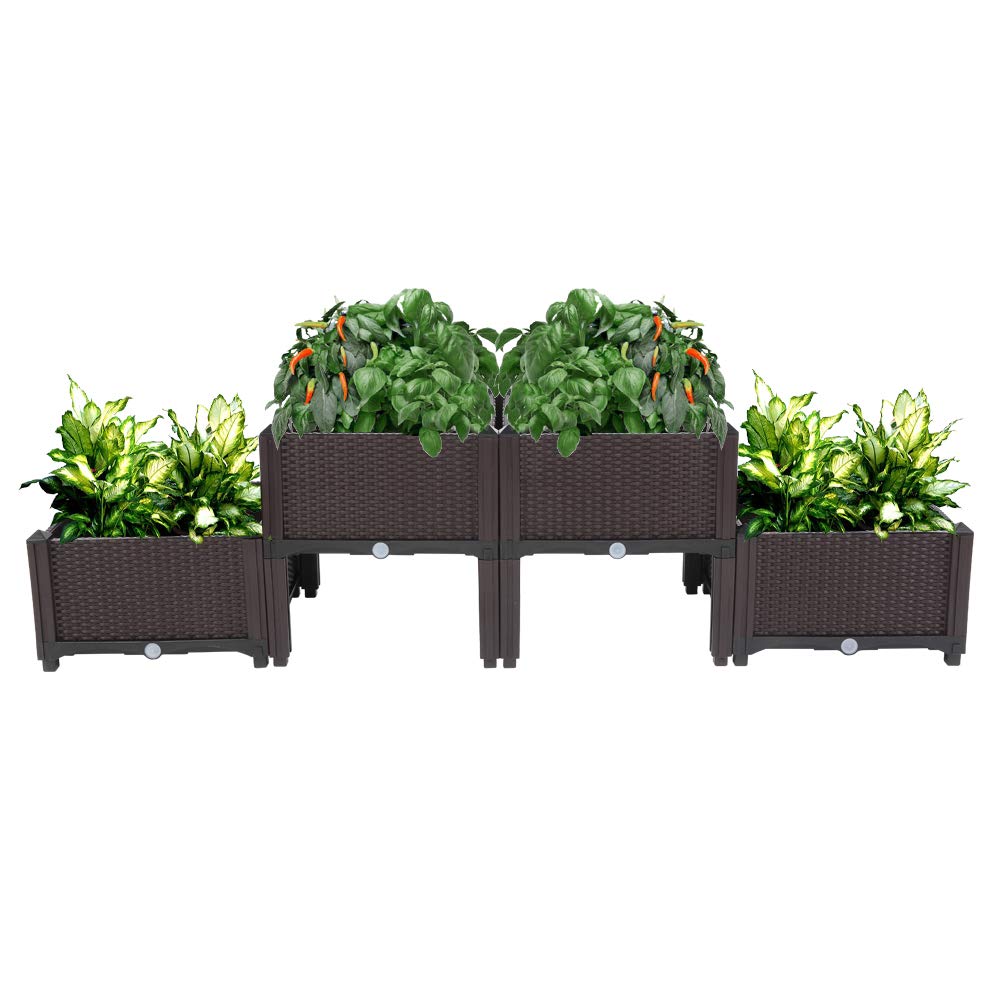 Guangshuohui Planter Raised Beds Kits,Garden Bed with Self Watering Planter Box and Drainage Plug,for Flowers Vegetables and Garden Patio Balcony Restaurant, Easy Assembly (Set of 4,Brown)