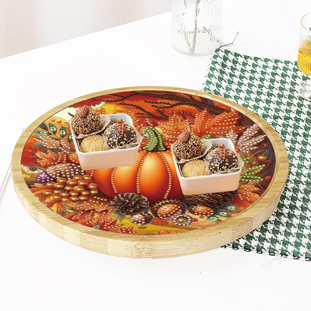ARTopet DIY Diamond Round Serving Tray Diamond Art Painting Creative Design Handmade Bamboo Tray Dinner Plate for Coffee Breakfast Home Organizer-Fall Pumpkins