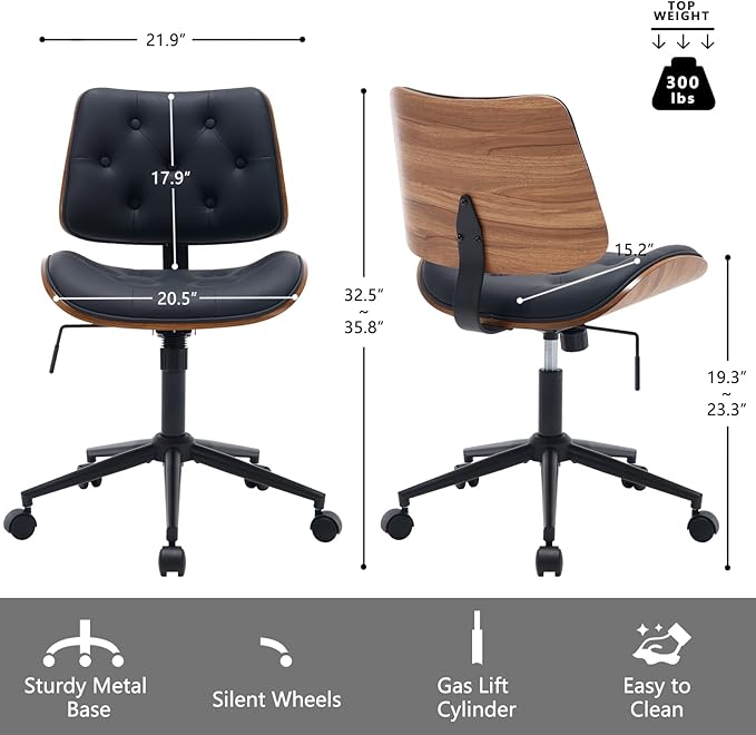 Armless Home Office Chair with Wheels, PU Leather Adjustable Height Computer