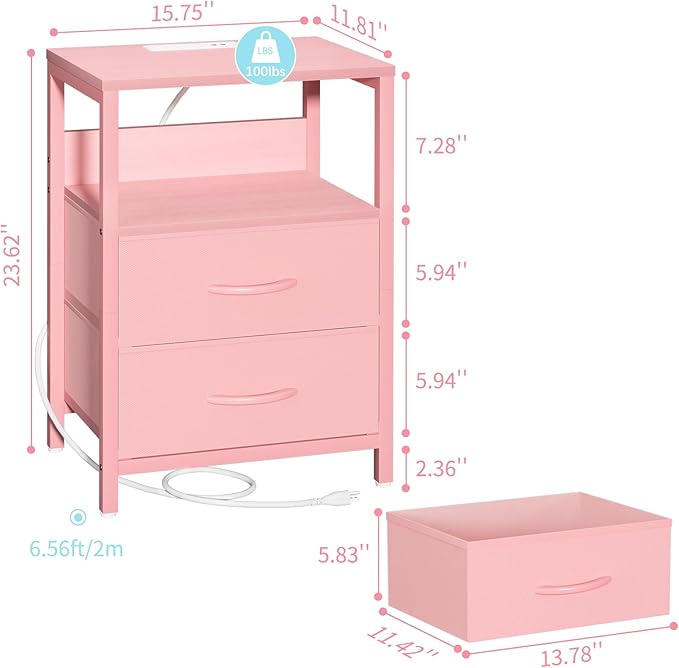 Yoobure Nightstand with Charging Station, LED Night Stand with Fabric Drawers