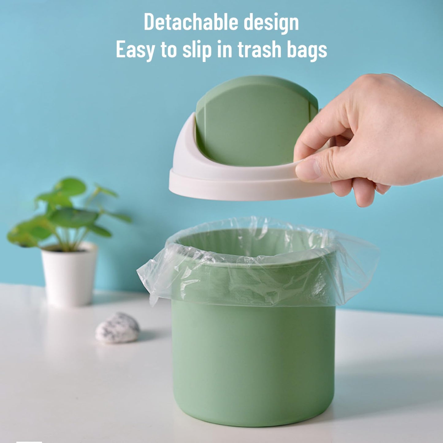 Desktop Mini Waste Can with Swing Lid, Stylish Lace Polka Dot Table Trash Bin Table Waste Paper Basket Round Small Trash Can for Office Bathroom Children Bedroom, Green