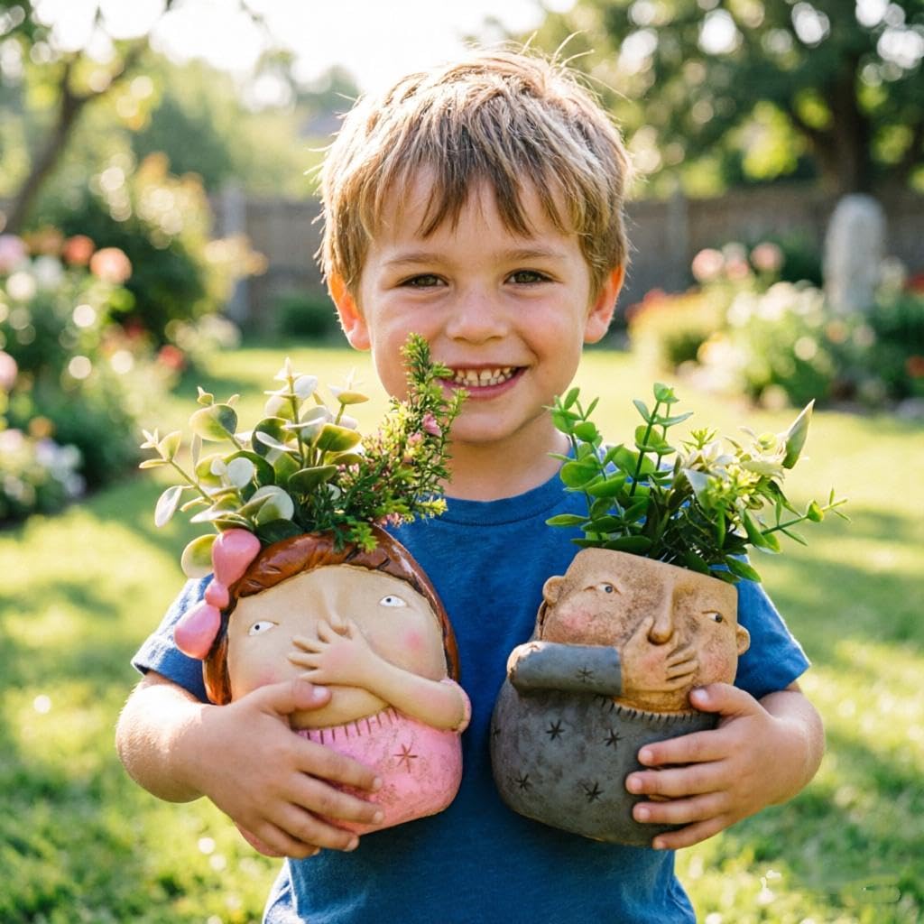 MOSYFEIBI Boy and Girl Planter Pot Set of 2, Whimsical Kids Planters for Indoor Outdoor Plants, Resin Succulent Pot with Drainage, Weather-Resistant Farmhouse Garden Decor (Boy and Girl)