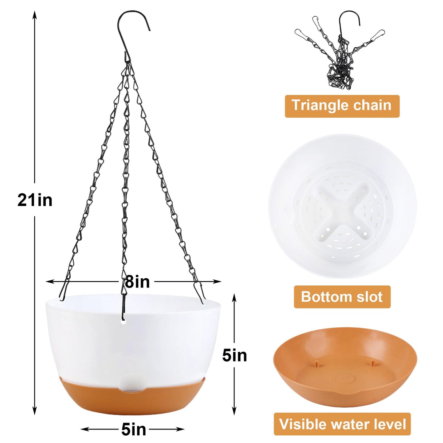 KPUVX 4 Pack Hanging Planter for Plants Indoor,8 Inch Plant Pot Outdoor Plastic Hanging Baskets with Drainage Holes and Chain for Garden Porch Plants(White+Black+Green+Beige)