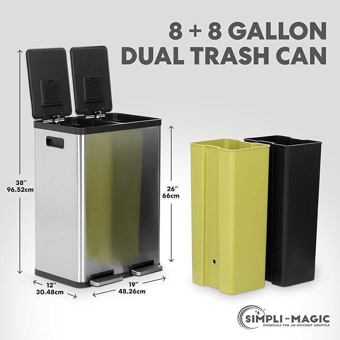 SIMPLI-MAGIC 60 Liter / 16 Gallon Rectangular Hands-Free Dual Compartment Recycling Kitchen Step Trash Can with Soft-Close Lid, Brushed Stainless Steel