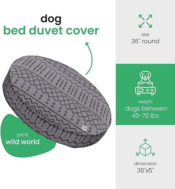 Molly Mutt Wild World Dog Bed Duvet Cover, 100% Cotton Canvas Cover for Dog, Puppy, or Cat Bed, Durable, Washable, and Free of Harmful Chemicals, Round, 36"x5"