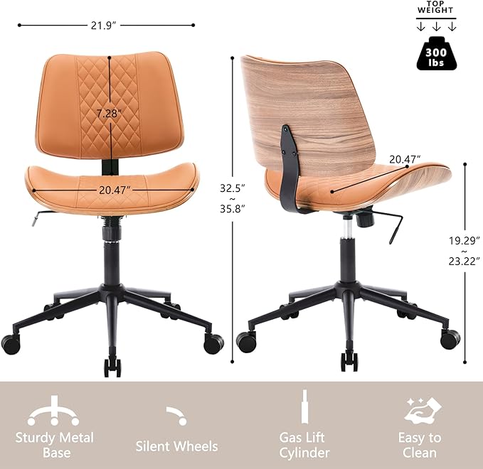 Home Office Chair No Arms with Wheels, Adjustable Height PU Leather Mid Back
