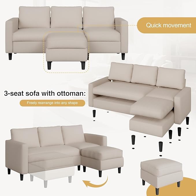 JAMFLY Sectional Sofa for Living Room, 3-Seat Reversible Couch