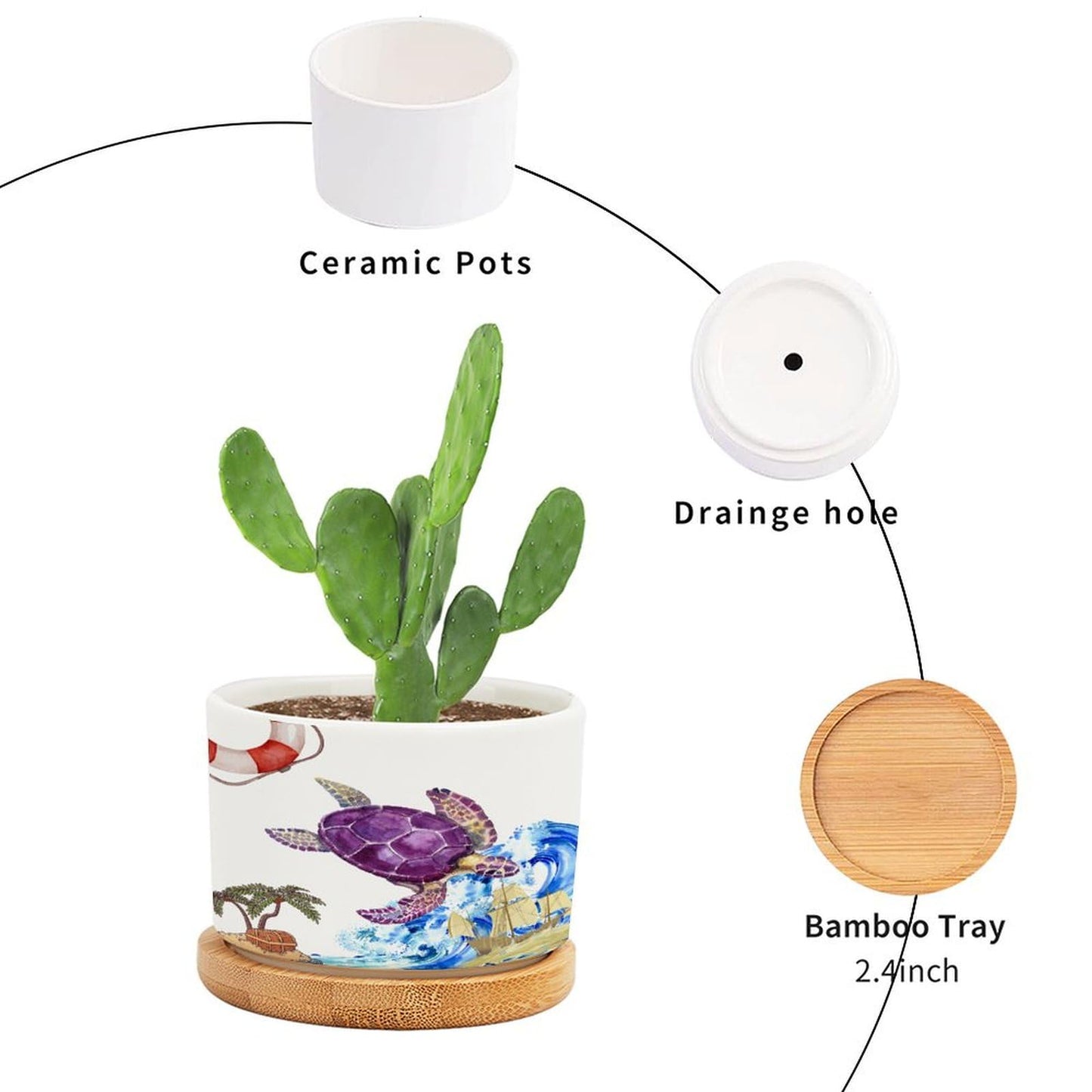DreamAutumn Ocean Theme Sea Turtle Planter Ceramic Round Plant Pots with Drainage Holes and Bamboo Tray Planting Small Flower Pots for Home Windowsill Desk Garden Indoor Outdoor Use