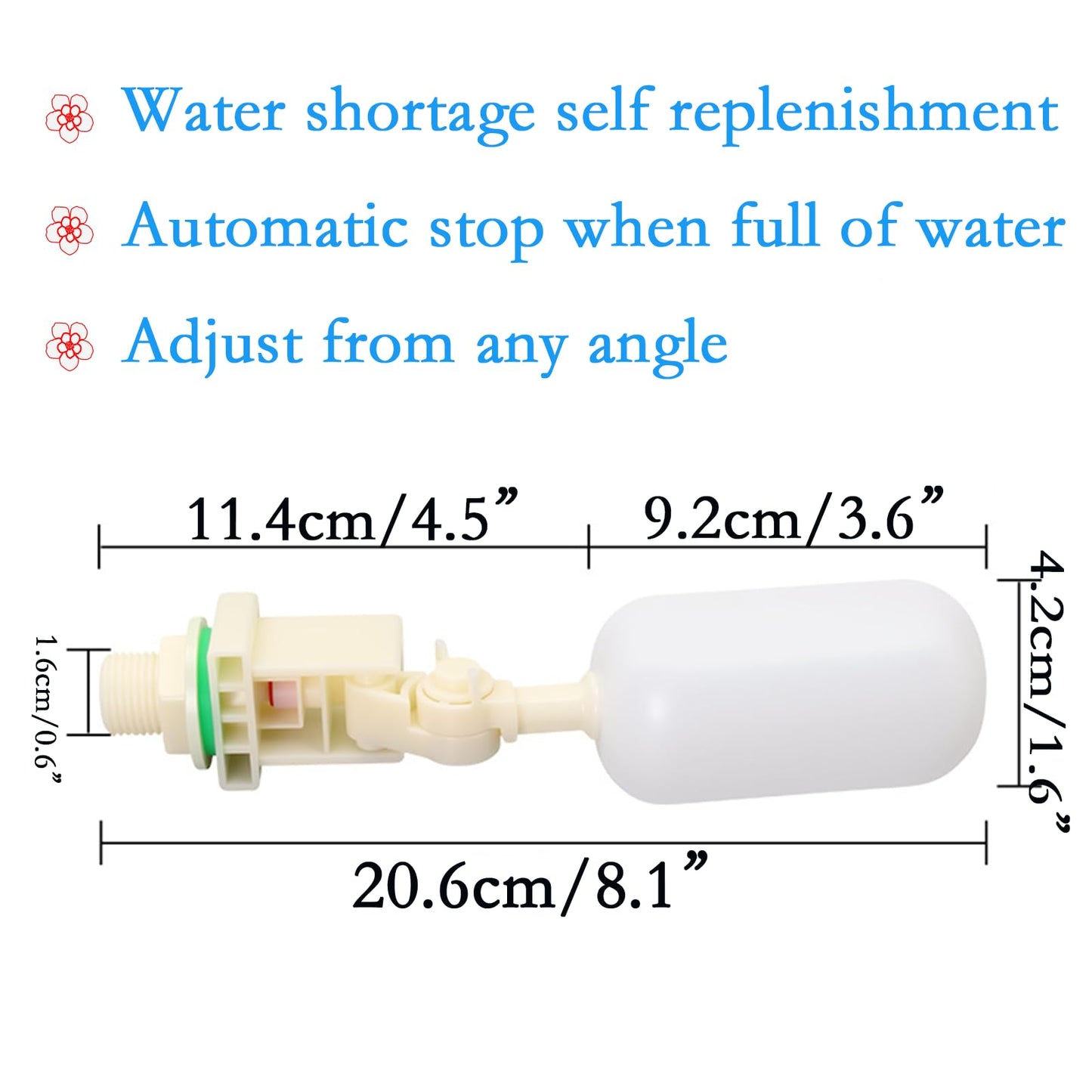 1/2 Inch Float Valve, Automatic Water Level Control Valve with Adjustable Arm, Corrosion Resistant PVC for Livestock Trough, Pet Fountain, Water Tank, Pond, Aquaponics【3-Pack】