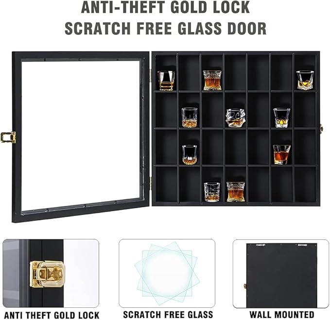 Shot Glass Display Case Wooden Cabinet Rack Holder Wall Mounted Black Shadow