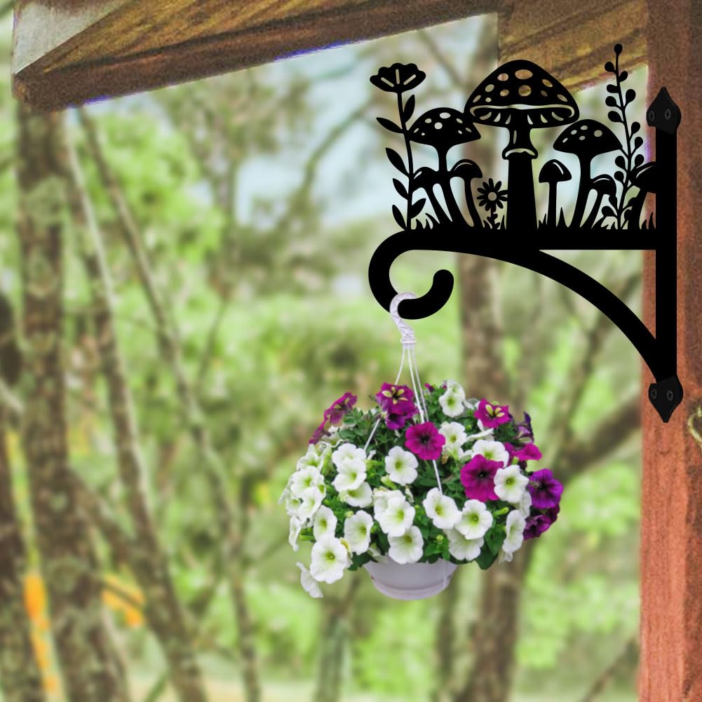 peacoblue Iron Plant Hangers Hook for Outdoor Indoor Hanging Plant Flower Fern Pot Lantern Bird Feeder,12"x15" Weather Resistant Metal Wall Holder for Porch Garden Farmhouse(Mushroom and Wildflower)