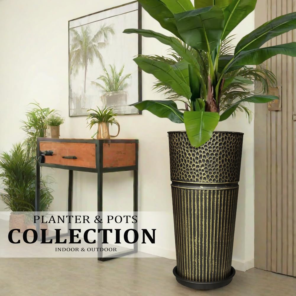 2 Pcs Pack 22 Inches Metal Tall Tapered Planter Pots Large Galvanized Steel Round Planter Flower Pot with Drainage Holes for Indoor Outdoor Deck Porch Garden Home Patio Front Door (Antique Bronze, S)