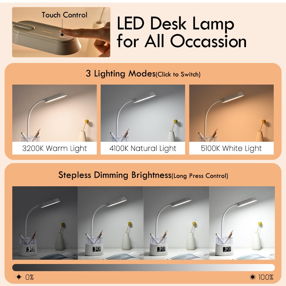 WILIT LED Desk Lamps for Home Office with Pen Holder, Table Lamp for Bedroom with USB Charging Port & Clock, RGB Night Light, Study Lamp for Kids Girls, Desk Light for College Dorm Room Essentials