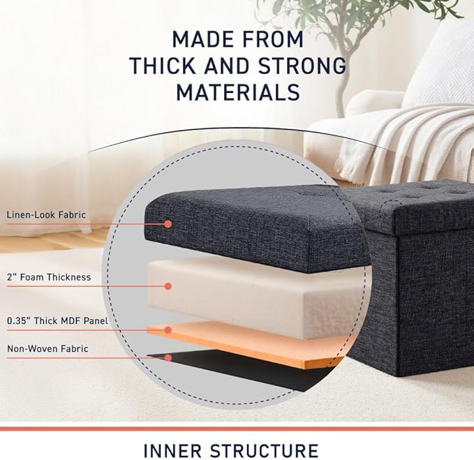 Ornavo Home 2 Pack 15 Inch Folding Storage Ottoman, Square Cube Linen Small