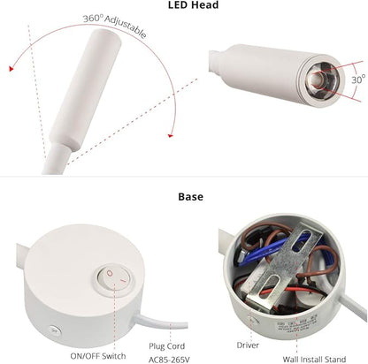 White Reading Lamps LED Wall Mounted Study Reading Light for Bed Headboard Gooseneck US Plug Corded-Electric Sconce Lamp Spot LED AC85-265V (6000K White)