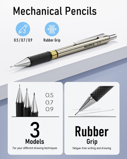 Nicpro Gold Art Mechanical Pencil Set, Metal Drafting Pencil 0.5, 0.7, 0.9mm & 2mm Lead Holder(2B HB 2H) For Sketching Drawing With Lead Refills Case