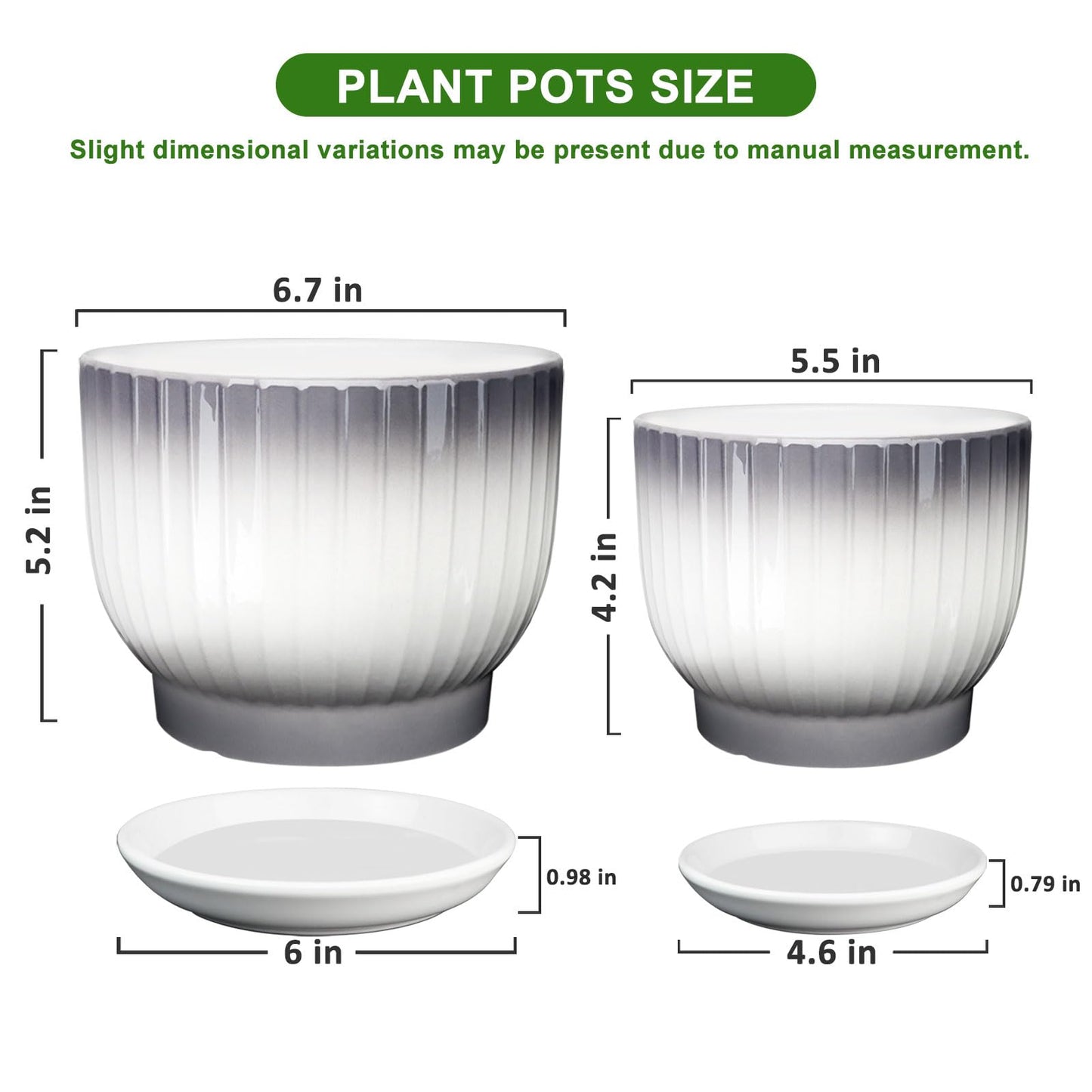 YUFDA 6.7 + 5.5 Inch Ceramic Plant Pots,Planters with Drainage and Saucer,Indoor Pots for Plants,Modern Flower Pots for Home and Office（Gray + White）