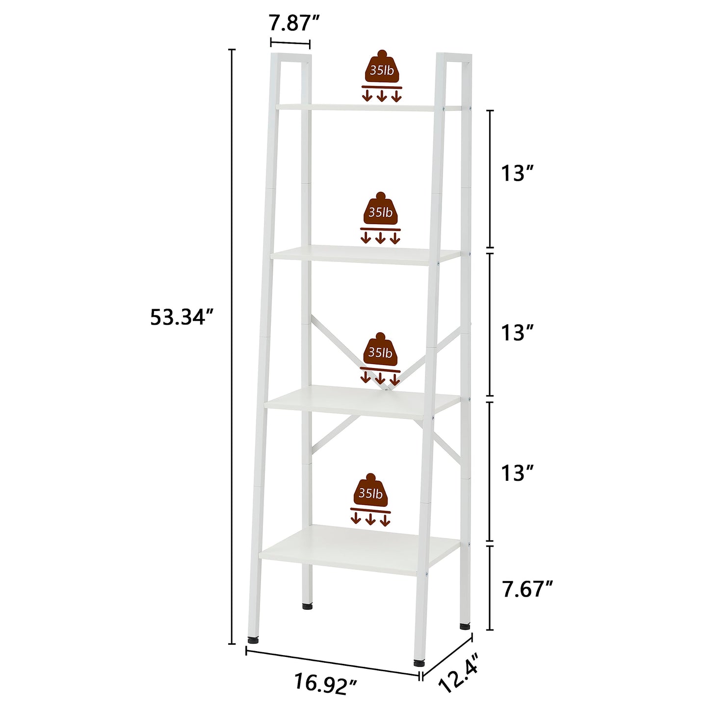 Hoctieon 4-Tier Industrial Ladder Bookshelf, Narrow Ladder Shelf, Tall Standing Bookshelf, Skinny Open Ladder Shelf, for Living Room, Home Office, Kitchen, Bedroom, Metal Frame, White