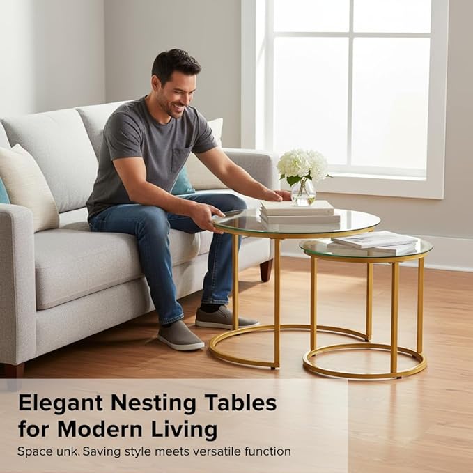 Round Nesting Coffee Table Set of 2, Modern Glass Nesting Tables, Stacking