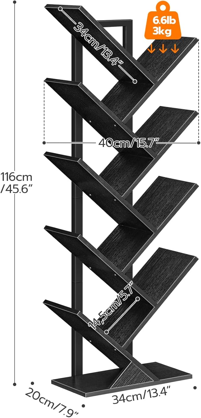 HOOBRO Tree Bookshelf, 9-Tier Bookcase Wooden Shelves, Floor Standing Storage