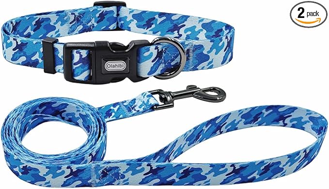 Dog Collar Leash Set, Camouflage Pattern, Polyester Material, Adjustable Collar and 5ft Matching Leash, for Puppy Dogs.(XS, Blue Camo)