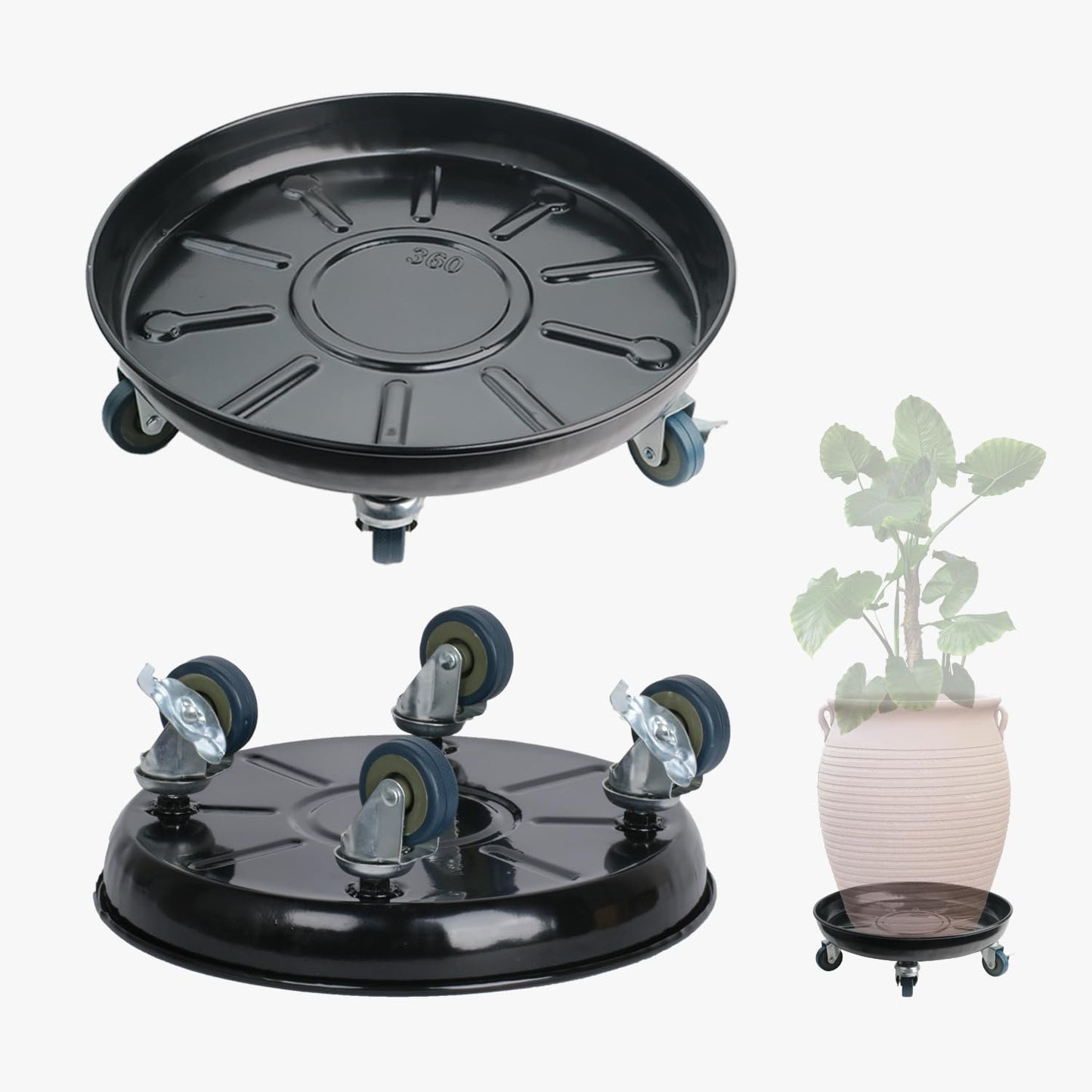 AyaLight 2 Pack Metal Plant Caddy With Wheels 12 Inch Black, Round Rolling Heavy Duty Plant Dolly, Heavy Plant Pot Mover Outdoors or Indoors, The Metal Wheel Can Rotate 360 Degrees or Lockable.