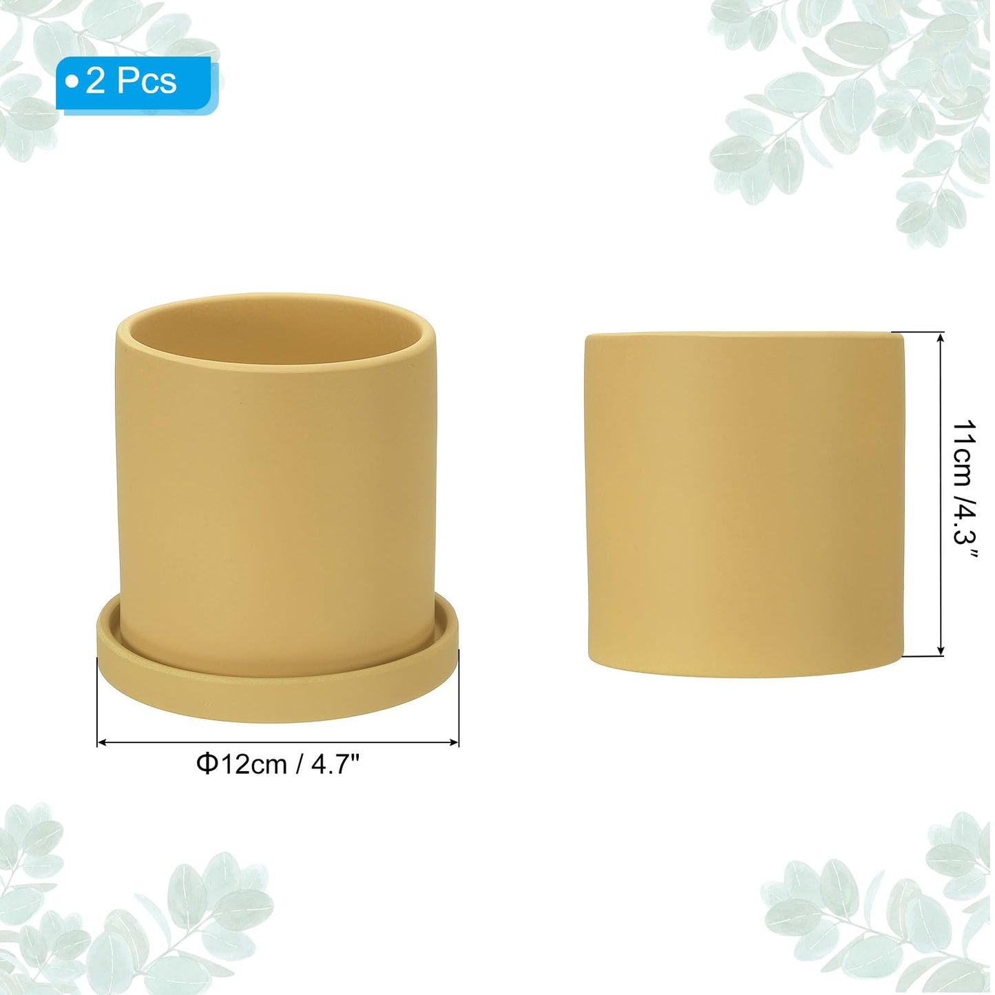 PATIKIL 4.3 Inch Ceramic Plant Pots, 2 Pack Modern Flower Planters with Drainage Holes and Tray for Decorate Home Indoor Plants Succulent Herb, Yellow