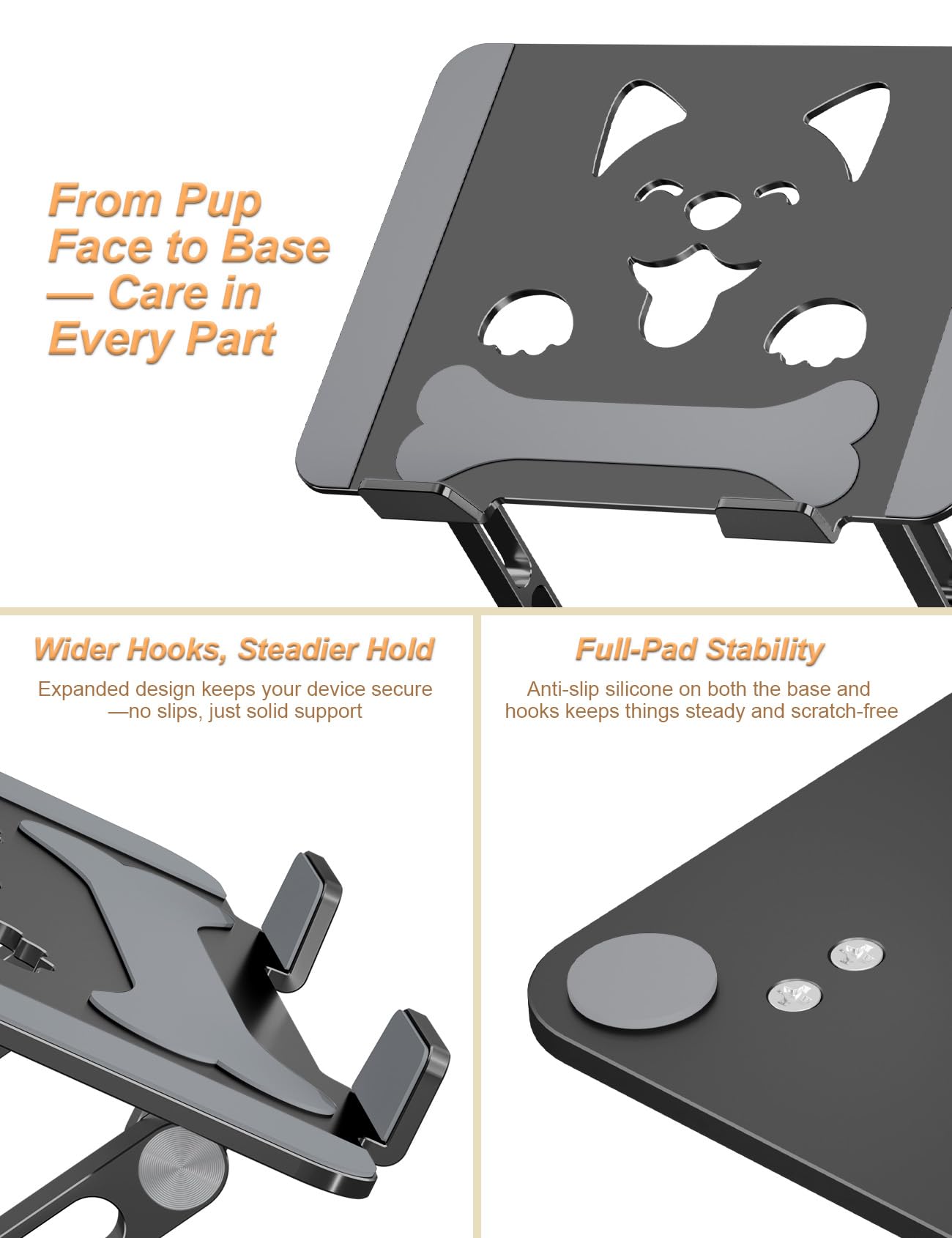 Aoviho Laptop Stand for Desk-Adjustable, Foldable, Portable, Ergonomic Aluminum Notebook Riser with Unique Puppy Cooling Vent, Desk Gift for 10"-17.3" Devices Mac, Dell, HP, Lenovo, Samsung, Black