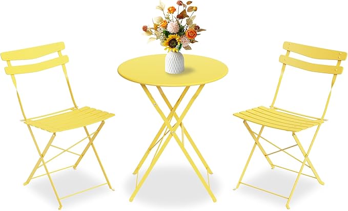 GarveeLife 3 Piece Patio Bistro Set, Folding Patio Bistro Table and Chairs Set