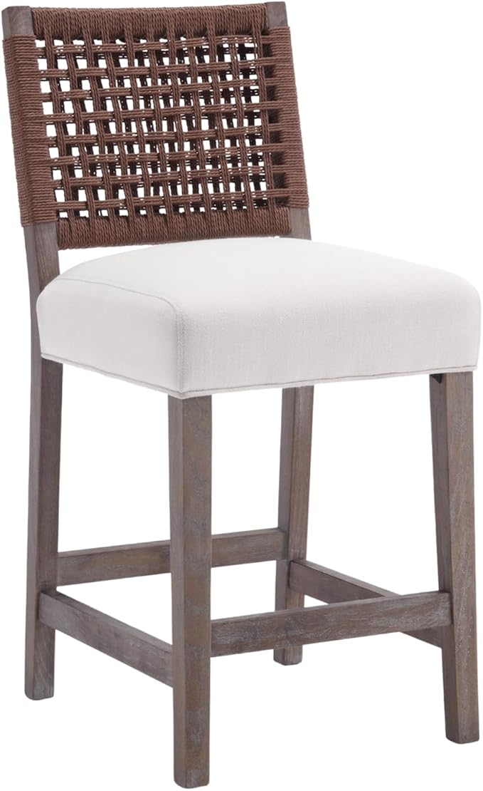 27-Inch Midcentury Modern Counter Stools, Wooden Wicker Stool Chairs