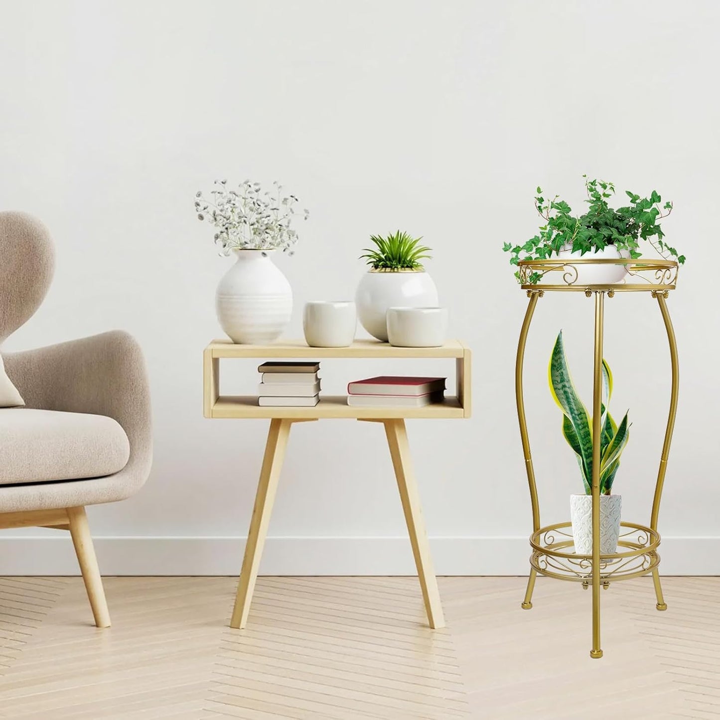Kavlium Plant Stand Indoor Outdoor，Tall Gold Metal Rustproof Stable Plant Stands，2 Tier 27.1 inch Multiple Plant Rack Holder Rack Flower Pot Stand Heavy Duty Plant Shelf (Gold)