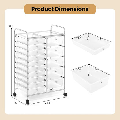 Giantex 15 Drawer Rolling Cart with Drawers, Storage Organizer Cart for Classroom Office School Teacher, Mobile Drawer Cart for Tools, Crafts, Small Printer, Clear