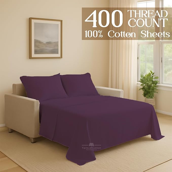 Sleeper Sofa Bed Sheet, 100% Cotton 400 Thread Count, 4 Piece Set, Deep Pocket