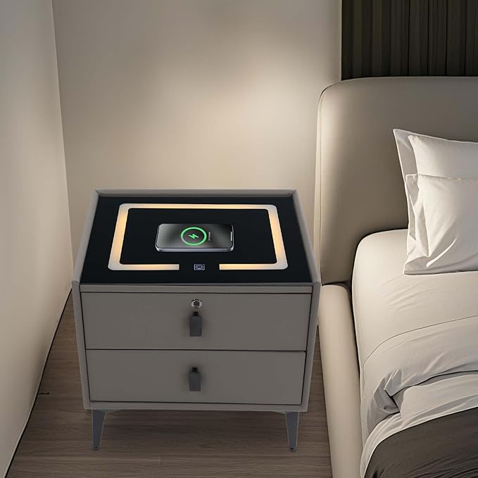 Smart Nightstand w/Fingerprint Lock Drawers, Smart Bedside Table w/USB Charging
