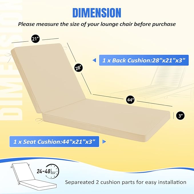 Basic Beyond Chaise Lounge Cushions Outdoor, 3-Layer Waterproof Outdoor