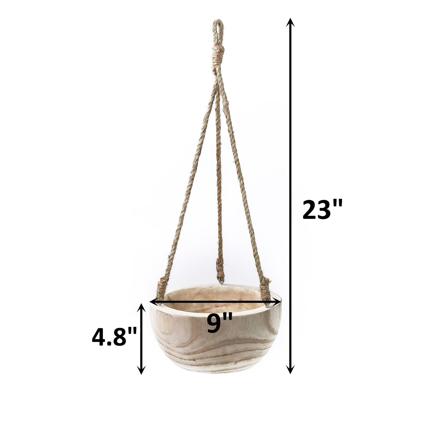 CYS EXCEL Meduim Wooden Hanging Planter Paulownia Wood Bowl Basket with Jute Rope for Indoor Plants Succulents